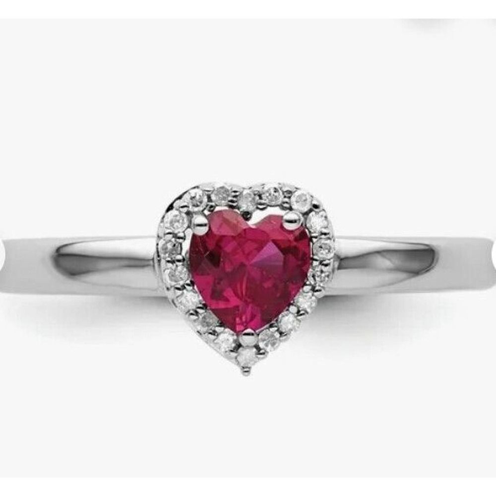925 Sterling Silver Created Red Ruby Heart Ring Love Gemstone Fine size …